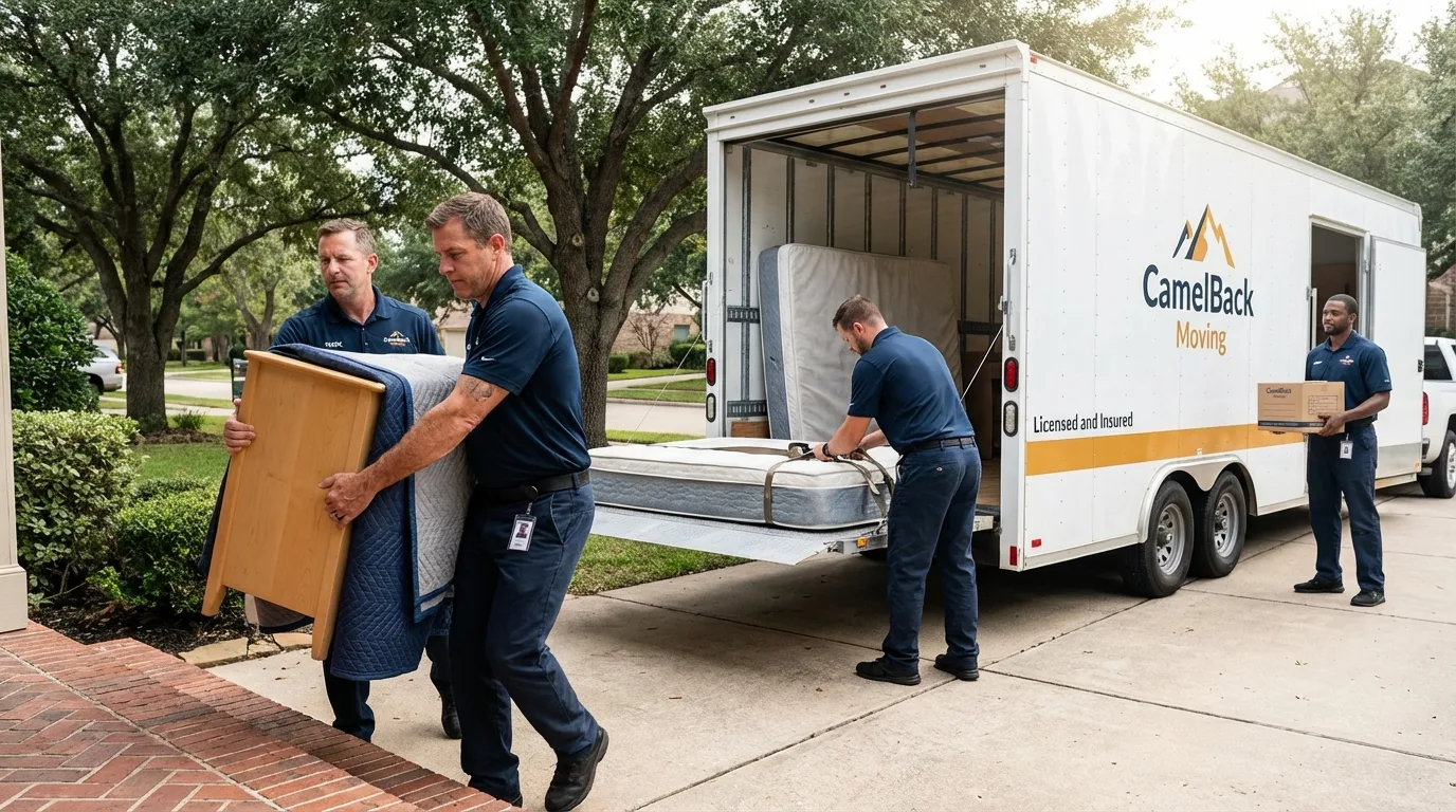 Crew loading residential truck for cross-state move from Santa Fe Springs, CA