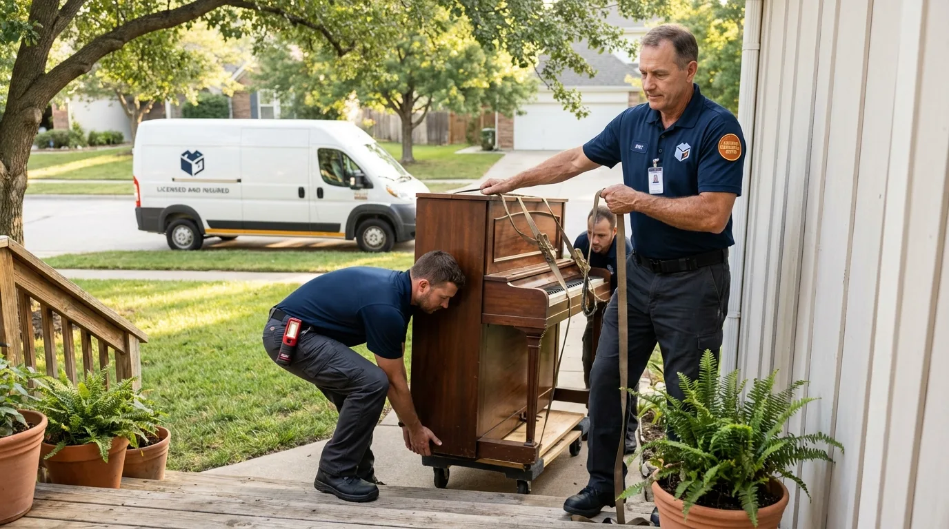 Licensed piano movers securing grand piano in Santa Fe Springs, CA