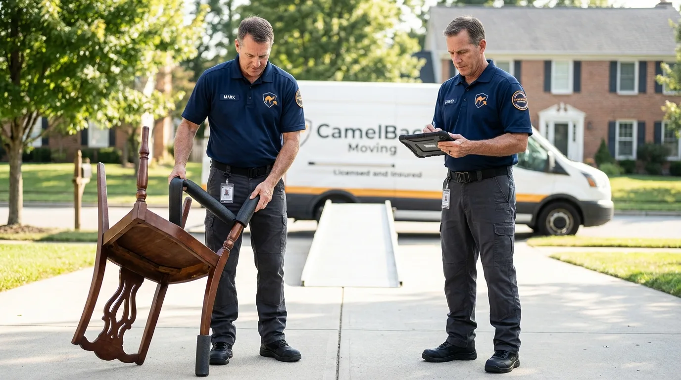 Movers inspecting furniture for damage prevention before loading in Santa Fe Springs, CA