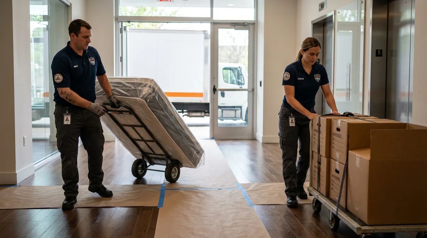 Professional apartment movers loading elevator in Santa Fe Springs, CA