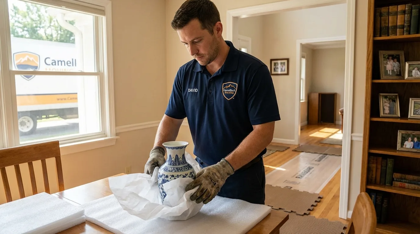 Professional crew carefully wrapping antique vase for senior downsizing move in Santa Fe Springs, CA